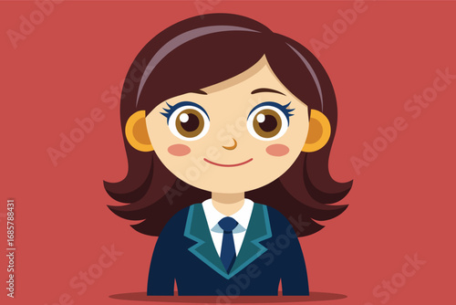 Cartoon character wearing a suit with brown hair and cheerful expression against a red background