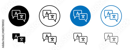 Translation icons set in black and blue colors on white background
