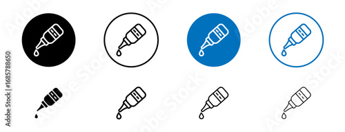 Oil dropper bottle icons set in black and blue colors on white background