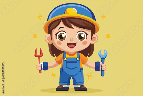 Child in worker uniform holding tools with cheerful expression on bright background