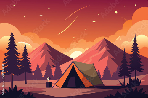 Serene Twilight Forest Illustration with Campfire and Tent