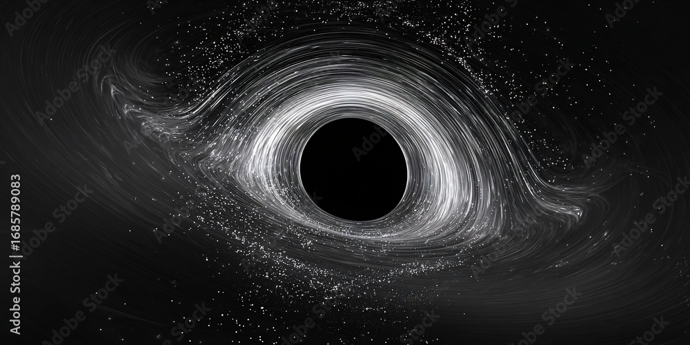 Fototapeta premium Dynamic swirling black hole with distorted space and glowing lines around the event horizon in monochrome style - AI generated