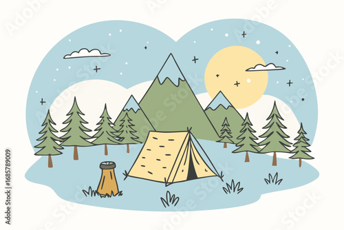 Serene Twilight Forest Illustration with Campfire and Tent
