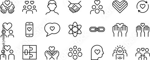 Love care relationship communication icons set, friendship compassion support unity empathy kindness trust people heart family connection vector illustration