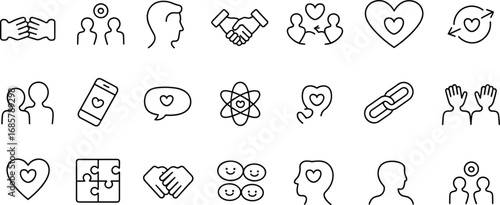 Love care relationship communication teamwork support icons set, friendship empathy unity kindness compassion people connection heart trust family design vector