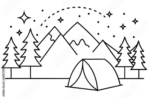 Serene Twilight Forest Illustration with Campfire and Tent