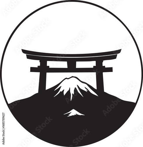 Japanese Zen landscape with Torii gate and mountain, traditional Asian culture, and a symbolic landmark.

