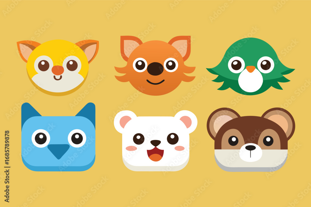 Fototapeta premium Colorful animal cartoon faces displayed on a yellow background, showing six different characters