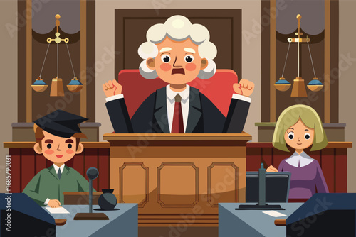 Judge conducts trial with enthusiastic children in a courtroom setting