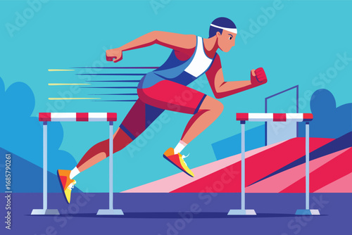 Runner leaps over hurdles in a vibrant athletic competition setting during daylight hours