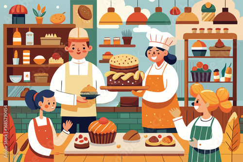 Bakers collaborating to create exquisite desserts in a vibrant bakery setting