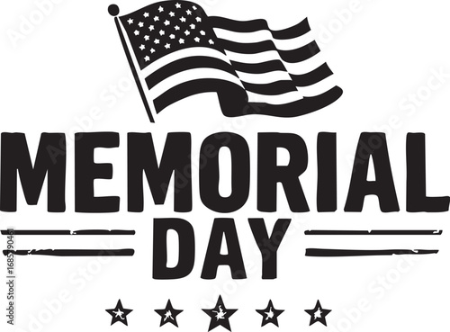 USA national holiday "Memorial Day" typography with American flag and stars, patriotic symbol.

