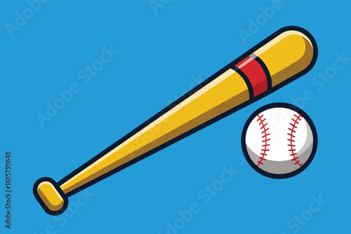 Baseball bat and ball on a bright blue background ready for play