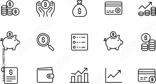 Money icons, finance icons, savings icons, banking icons, piggy bank icons, wallet icons, credit card icons, investment icons, economy