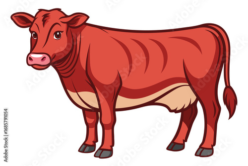 Red dairy cow standing in a barn setting during daylight, showcasing vibrant colors and features