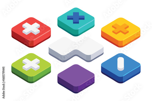 Isometric 3D Math Symbols Plus Minus on Colorful and White Blocks vector illustration