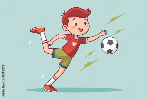 Young boy enjoys playing soccer while showing off his skills with energy and excitement