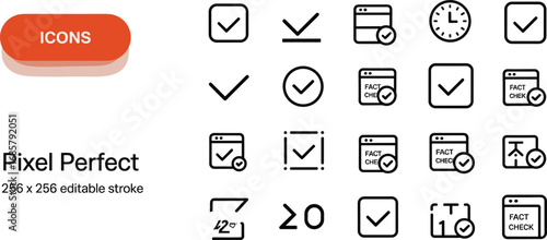 pixel perfect icons, checkmark symbol, fact check design, approval tick, validation mark, checklist icon, UI vector, editable stroke