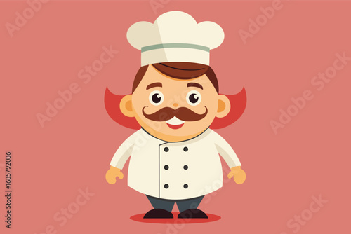 Chef character with a friendly smile and cooking attire in a colorful background setting