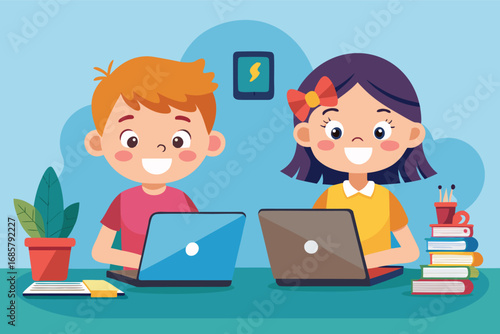 Children focused on online learning while using laptops at home during a sunny afternoon