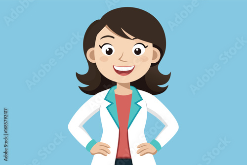 Friendly cartoon character in a lab coat smiling confidently against a blue background