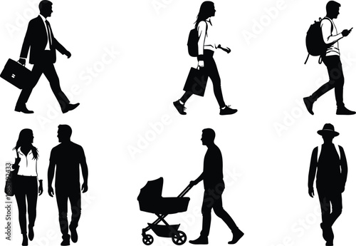 Walking silhouettes, business person, shopper, backpack traveler, couple walking, parent with stroller, casual walker, urban lifestyle, pedestrian activity, everyday people, vector illustration