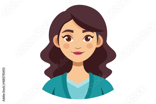 Woman with wavy hair smiling in a friendly manner while wearing a teal sweater