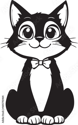 Cute cat character with bow tie and big eyes, adorable cartoon kitten, and funny animal mascot.

