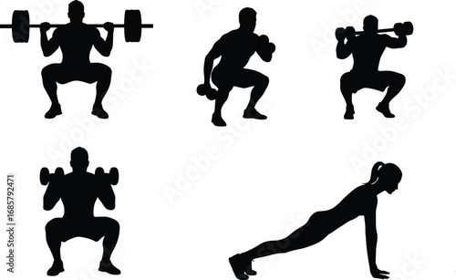Silhouette, fitness, workout, strength, training, barbell, squat, dumbbell, squat, plank, exercise, gym, bodybuilding, weightlifting, powerlifting, endurance, athlete, sports, health, wellness