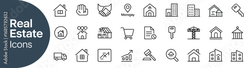 Real estate icons collection, property investment symbols, house building design set, construction illustration graphics, mortgage business, apartment development, architecture planning