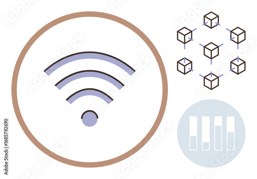 wireless symbol with concentric rings, blockchain interconnected cubes, and a bar chart diagram. Ideal for technology, communication, blockchain, data analytics, IoT, decentralization and digital
