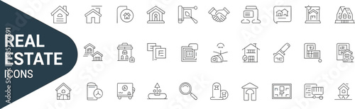 real estate icons, house icon set, property line design, home buying, mortgage symbol, building illustration, investment icon, architecture vector