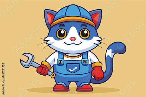 Cute cartoon cat dressed as a mechanic ready for a fun repair adventure