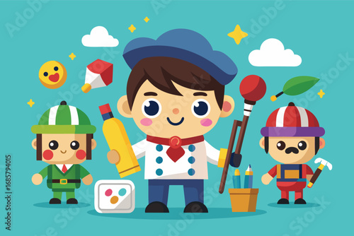 Creative children dressed as artists with colorful tools, smiling cheerfully