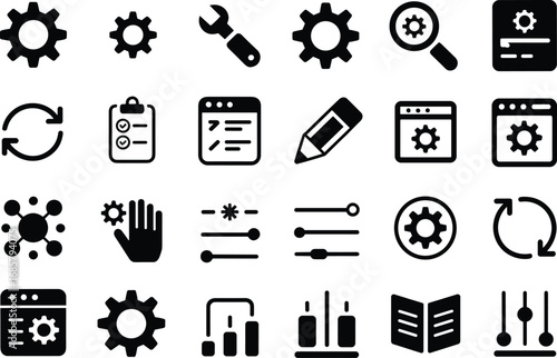 Settings icons collection, gear symbols, process management, system configuration, web development, interface tools, application customization, optimization icons, control panel, software design