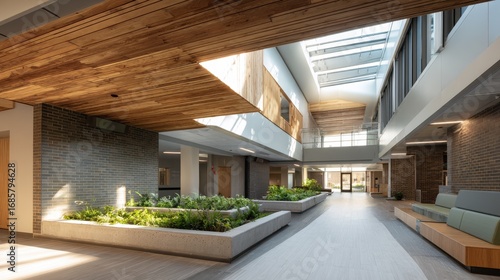 Modern interior design showcases an open and airy atrium with natural light and greenery in a contemporary building