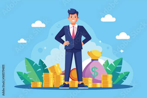 Confident businessman standing proudly among stacks of coins and bags of money
