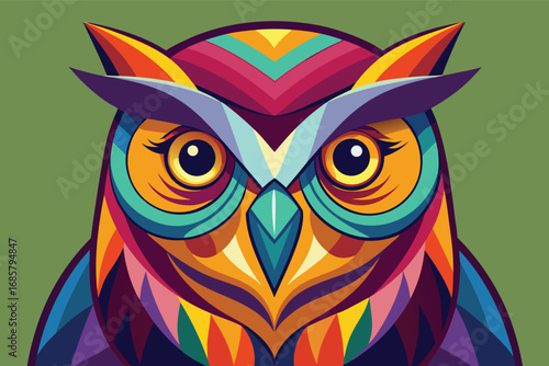 Colorful owl illustration with geometric patterns and bright hues on a green background