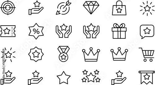 Star icons, achievement outline, reward symbol, loyalty program, crown, medal, shopping cart, gift box, rating badge, editable stroke