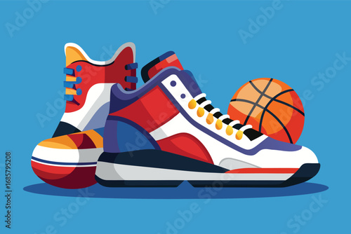 Colorful basketball sneakers next to a basketball on a blue background