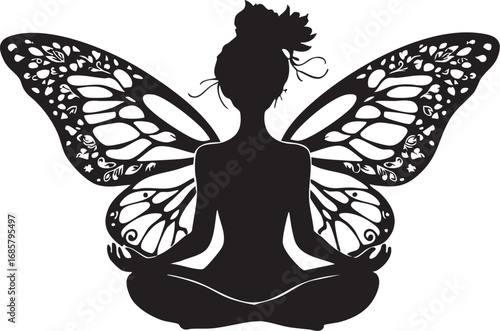 Mystical butterfly fairy woman meditating in lotus pose


