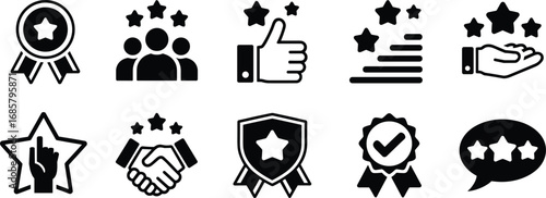 Star rating icon set, award badge, customer feedback, quality service, handshake trust, excellence, satisfaction, review, guarantee, approval