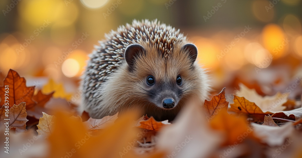 Fototapeta premium A hedgehog nestled among fallen autumn leaves