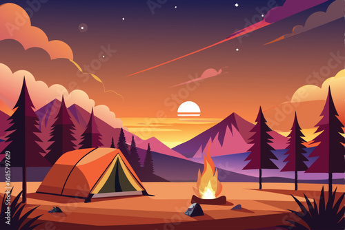 Serene Twilight Forest Illustration with Campfire and Tent
