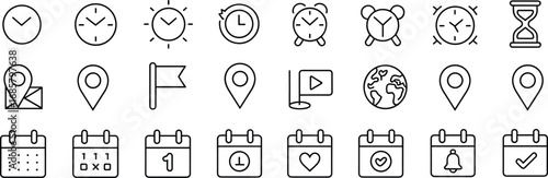 Time icons, clock outline, calendar vector, date reminder, location pin, alarm, stopwatch, schedule symbol, world map, editable stroke, planning design