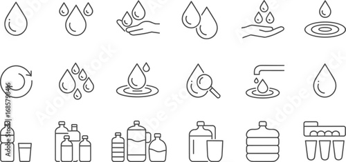 Water drop icons, clean water line symbols, hydration signs, eco water vector set, liquid drop outline, drinking water graphics