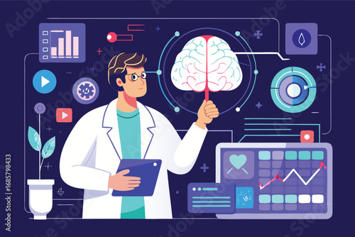 Scientist analyzing brain activity with digital tools in a modern research setting