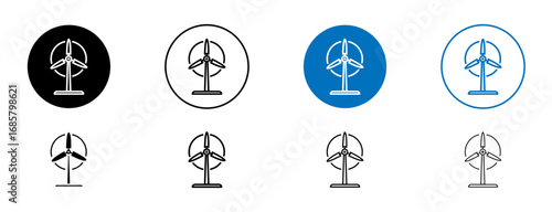 Wind energy icons set in black and blue colors on white background