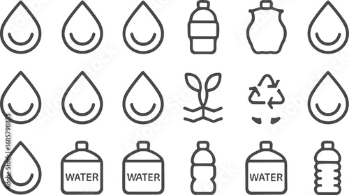 water drop icons, eco bottle vector, recycle design, sustainability illustration, hydration symbol, clean drinking water, plastic bottle outline, eco friendly