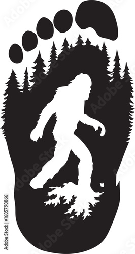 Bigfoot silhouette in a giant footprint with forest trees

